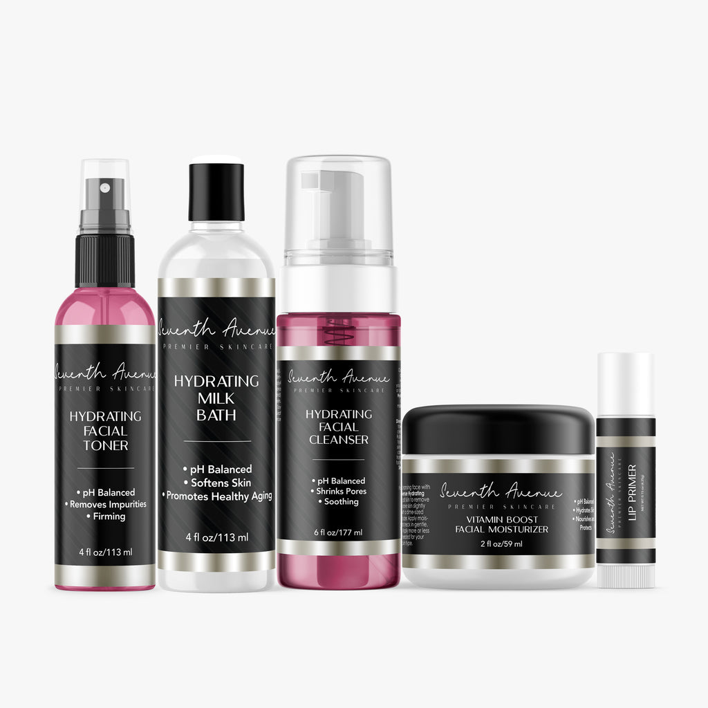 Hydrate & Glow Bundle with Facial Cleanser, Facial Toner, Vitamin Explosion Cream, Lip Base Primer & Soothing Spa Grade Milk Bath